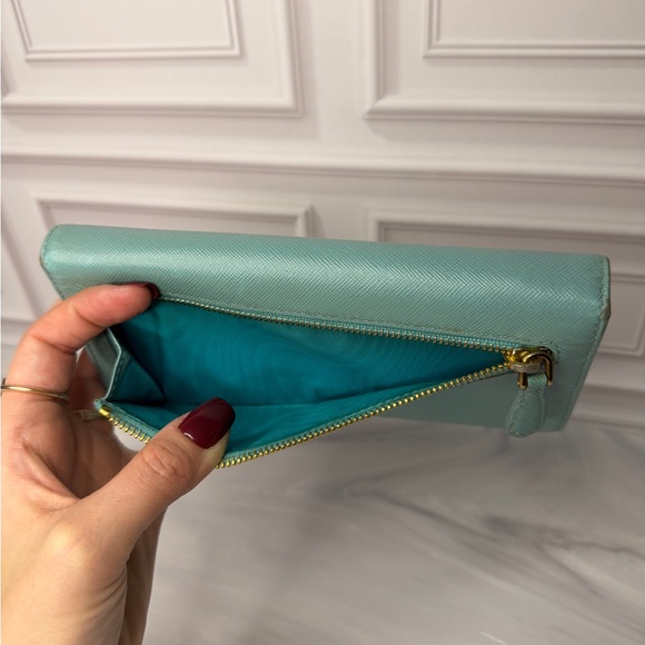 Prada Saffiano Leather Long Wallet – Turquoise | Gold Logo - Picture 9 of 11
